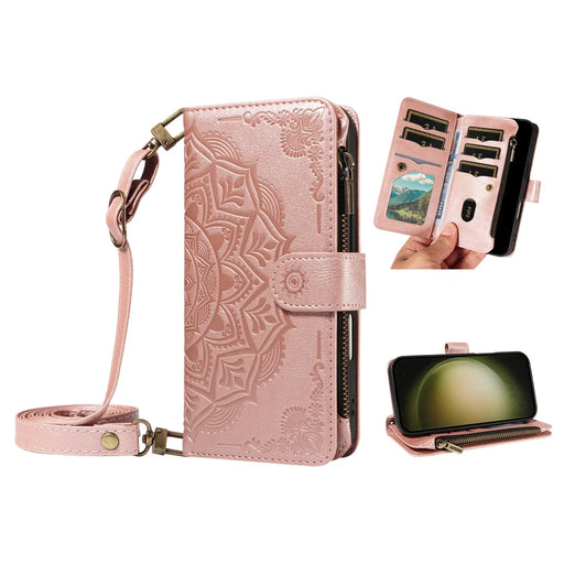For Samsung Galaxy S23 Ultra Wallet Case 9 Card Slots RFID Blocking Mandala Embossed Leather Flip Cover with Wrist Strap - Rose Gold - 2