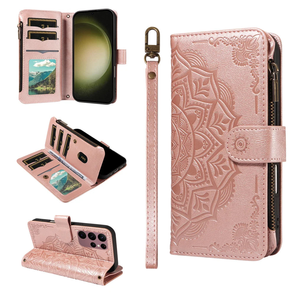 For Samsung Galaxy S23 Ultra Wallet Case 9 Card Slots RFID Blocking Mandala Embossed Leather Flip Cover with Wrist Strap - Rose Gold - 3