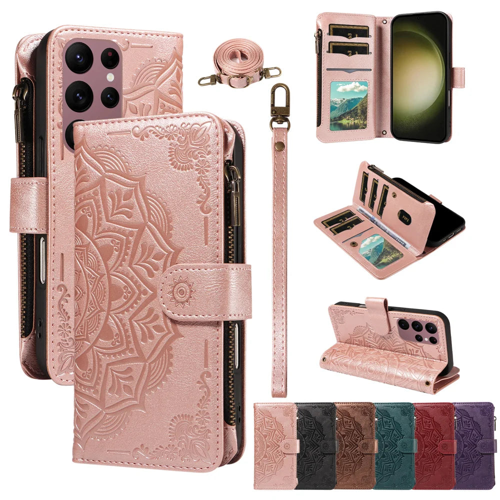 For Samsung Galaxy S23 Ultra Wallet Case 9 Card Slots RFID Blocking Mandala Embossed Leather Flip Cover with Wrist Strap - Rose Gold - 4