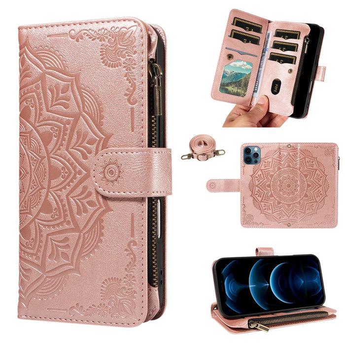 For iPhone 13 Pro Wallet Case 9 Card Slots RFID Blocking Mandala Embossed Leather Flip Cover with Wrist Strap - Rose Gold - 2