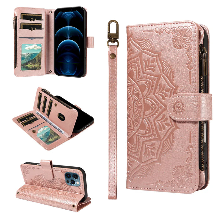 For iPhone 13 Pro Wallet Case 9 Card Slots RFID Blocking Mandala Embossed Leather Flip Cover with Wrist Strap - Rose Gold - 3