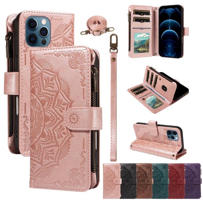 For iPhone 13 Pro Wallet Case 9 Card Slots RFID Blocking Mandala Embossed Leather Flip Cover with Wrist Strap - Rose Gold - 4