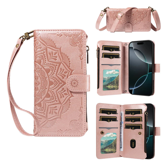 For iPhone 13 Pro Wallet Case 9 Card Slots RFID Blocking Mandala Embossed Leather Flip Cover with Wrist Strap - Rose Gold - 5