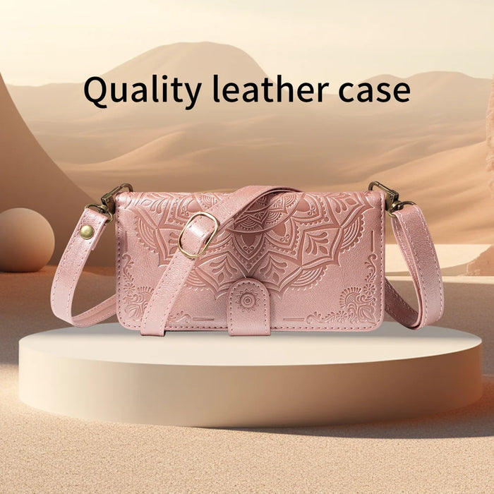 For iPhone 13 Pro Wallet Case 9 Card Slots RFID Blocking Mandala Embossed Leather Flip Cover with Wrist Strap - Rose Gold - 6