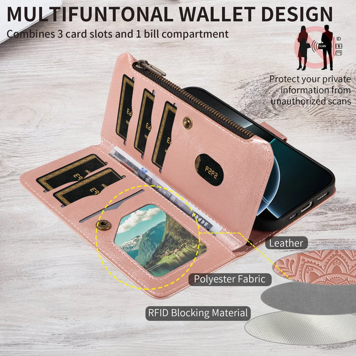 For iPhone 13 Pro Wallet Case 9 Card Slots RFID Blocking Mandala Embossed Leather Flip Cover with Wrist Strap - Rose Gold - 7