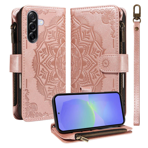 For Samsung Galaxy A36 5G Wallet Case 9 Card Slots RFID Blocking Mandala Embossed Leather Flip Cover with Wrist Strap - Rose Gold - 1