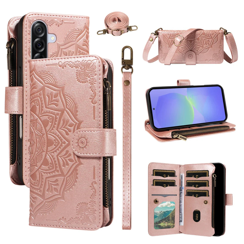 For Samsung Galaxy A36 5G Wallet Case 9 Card Slots RFID Blocking Mandala Embossed Leather Flip Cover with Wrist Strap - Rose Gold - 2