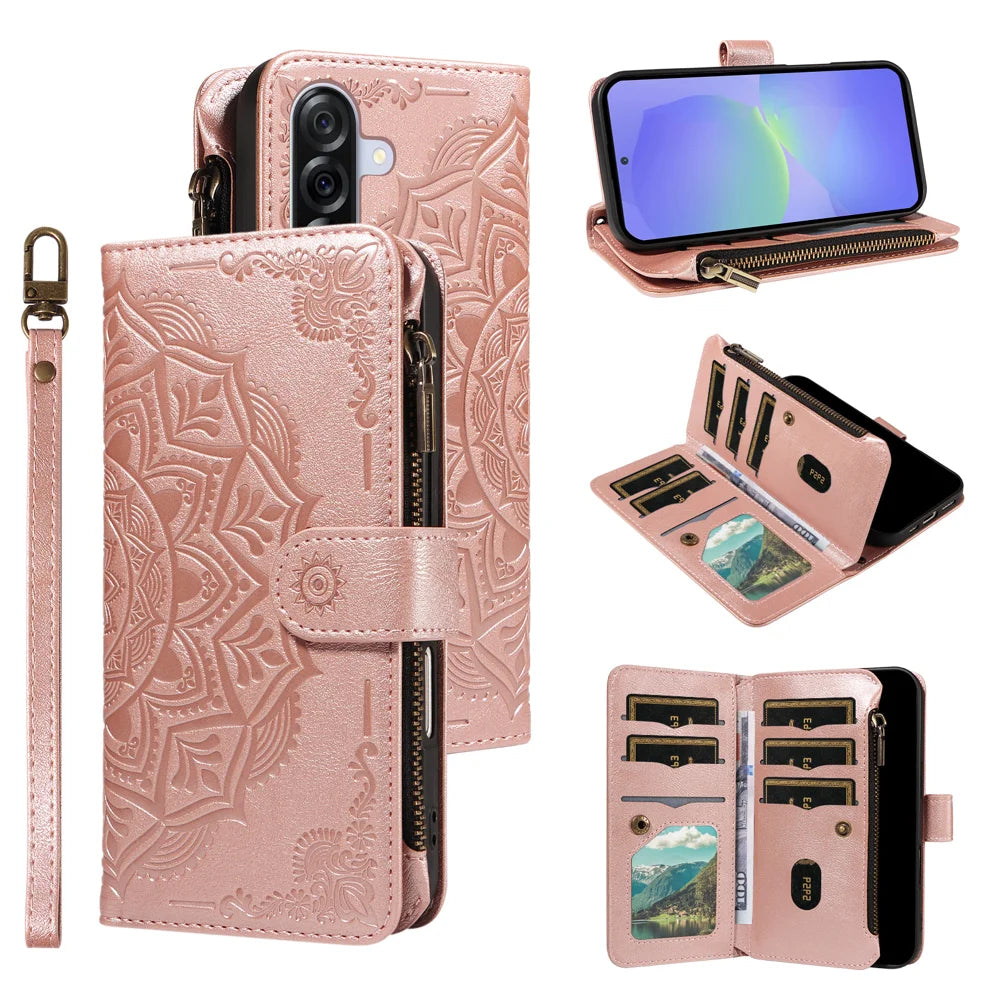 For Samsung Galaxy A36 5G Wallet Case 9 Card Slots RFID Blocking Mandala Embossed Leather Flip Cover with Wrist Strap - Rose Gold - 3