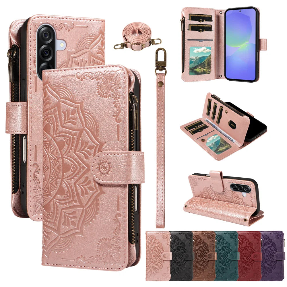 For Samsung Galaxy A36 5G Wallet Case 9 Card Slots RFID Blocking Mandala Embossed Leather Flip Cover with Wrist Strap - Rose Gold - 4