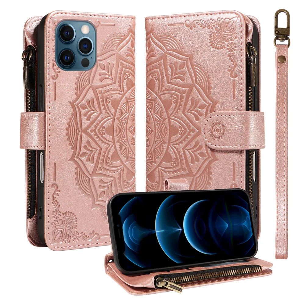 For iPhone 13 Pro Max Wallet Case 9 Card Slots RFID Blocking Mandala Embossed Leather Flip Cover with Wrist Strap - Rose Gold - 1