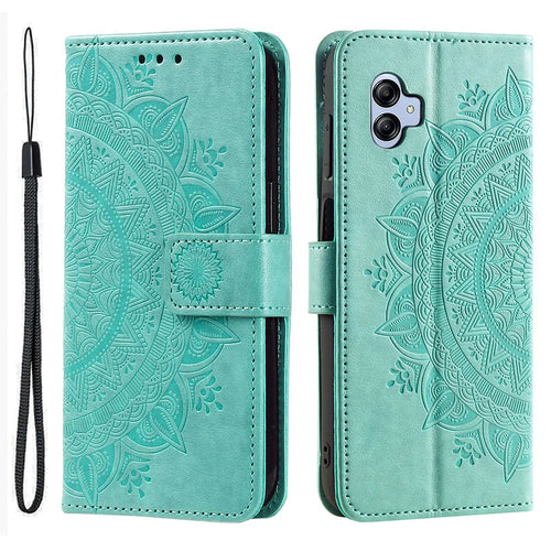 For Samsung Galaxy A04e 4G / F04 4G / M04 4G Imprinted Mandala Flower Wallet Case PU Leather Magnetic Flip Stand Phone Cover with Strap - Green - 1