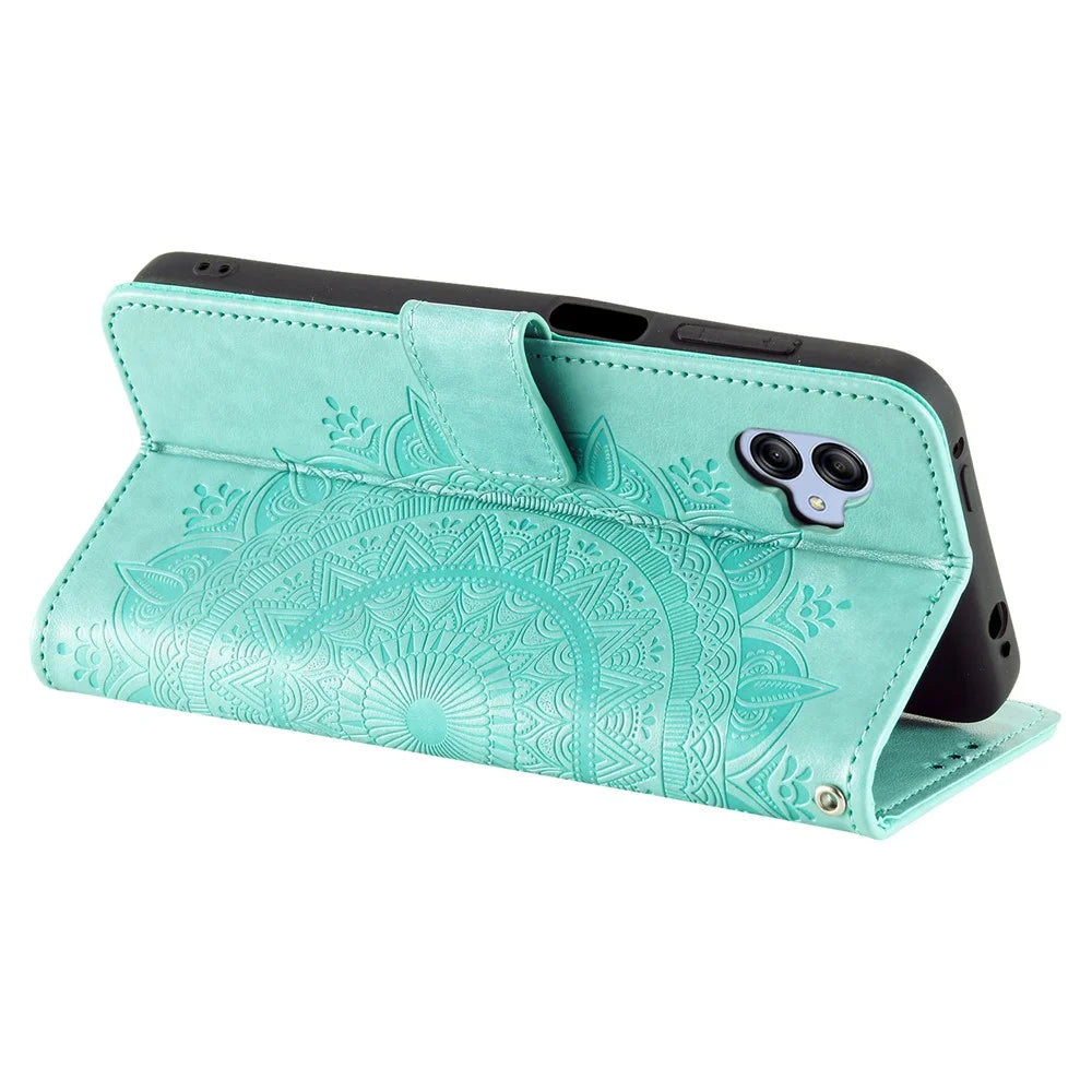 For Samsung Galaxy A04e 4G / F04 4G / M04 4G Imprinted Mandala Flower Wallet Case PU Leather Magnetic Flip Stand Phone Cover with Strap - Green - 4