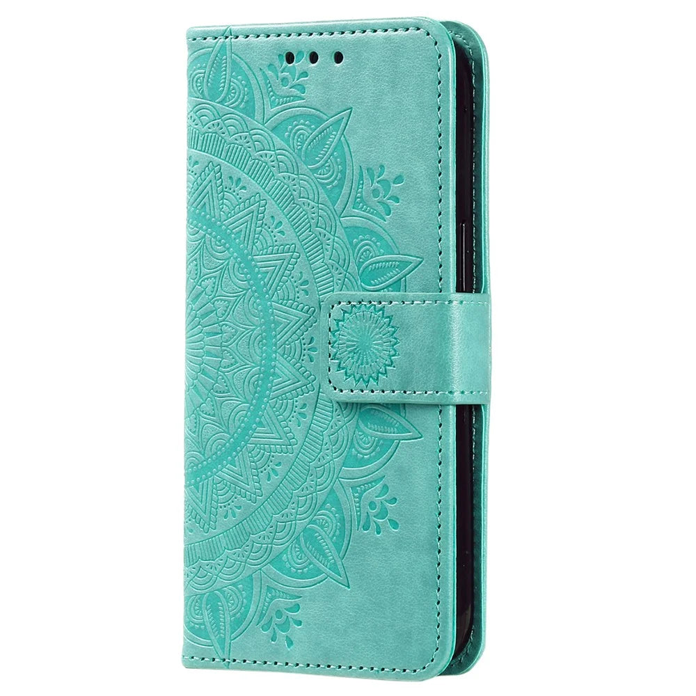 For Samsung Galaxy A04e 4G / F04 4G / M04 4G Imprinted Mandala Flower Wallet Case PU Leather Magnetic Flip Stand Phone Cover with Strap - Green - 5