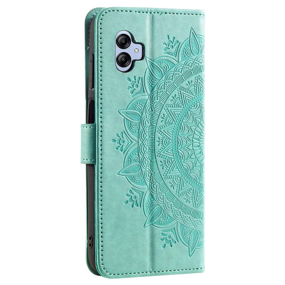 For Samsung Galaxy A04e 4G / F04 4G / M04 4G Imprinted Mandala Flower Wallet Case PU Leather Magnetic Flip Stand Phone Cover with Strap - Green - 6