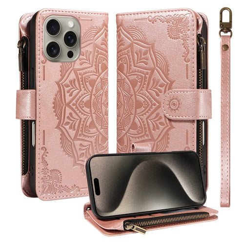 For iPhone 15 Pro Max Wallet Case 9 Card Slots RFID Blocking Mandala Embossed Leather Flip Cover with Wrist Strap - Rose Gold - 1