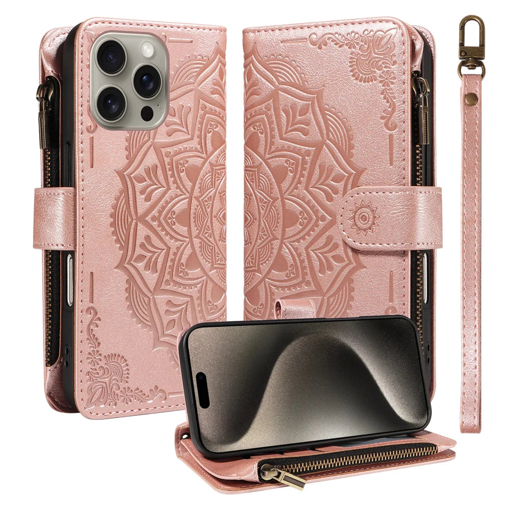 For iPhone 15 Pro Max Wallet Case 9 Card Slots RFID Blocking Mandala Embossed Leather Flip Cover with Wrist Strap - Rose Gold - 1
