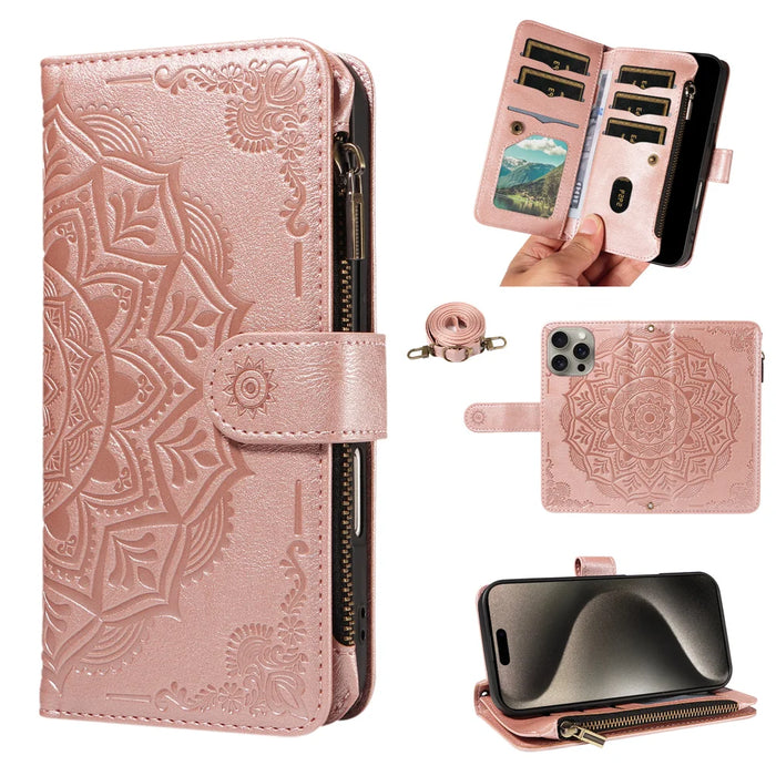 For iPhone 15 Pro Max Wallet Case 9 Card Slots RFID Blocking Mandala Embossed Leather Flip Cover with Wrist Strap - Rose Gold - 2