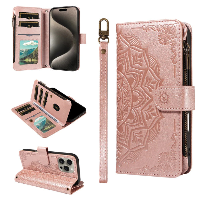 For iPhone 15 Pro Max Wallet Case 9 Card Slots RFID Blocking Mandala Embossed Leather Flip Cover with Wrist Strap - Rose Gold - 3