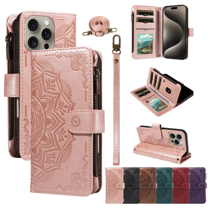 For iPhone 15 Pro Max Wallet Case 9 Card Slots RFID Blocking Mandala Embossed Leather Flip Cover with Wrist Strap - Rose Gold - 4