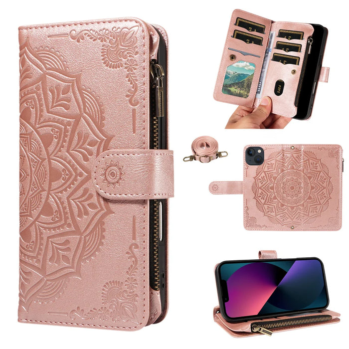 For iPhone 14 Wallet Case 9 Card Slots RFID Blocking Mandala Embossed Leather Flip Cover with Wrist Strap - Rose Gold - 2