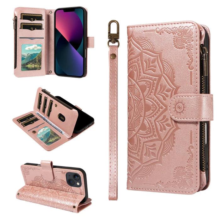 For iPhone 14 Wallet Case 9 Card Slots RFID Blocking Mandala Embossed Leather Flip Cover with Wrist Strap - Rose Gold - 3