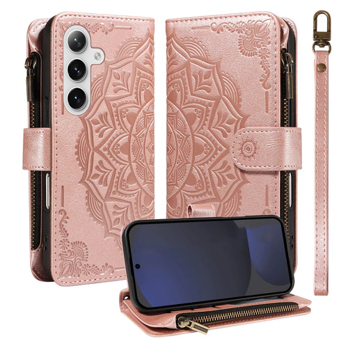 For Samsung Galaxy S24 FE Wallet Case 9 Card Slots RFID Blocking Mandala Embossed Leather Flip Cover with Wrist Strap - Rose Gold - 1