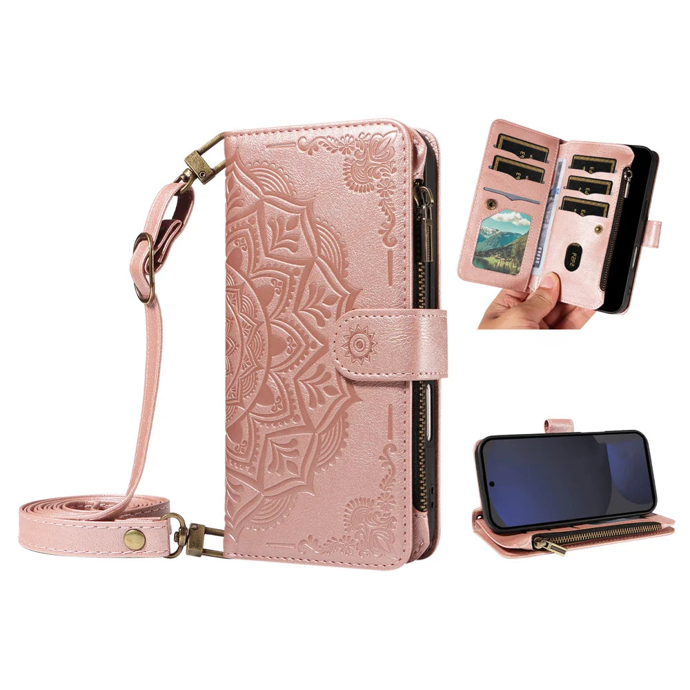For Samsung Galaxy S24 FE Wallet Case 9 Card Slots RFID Blocking Mandala Embossed Leather Flip Cover with Wrist Strap - Rose Gold - 2