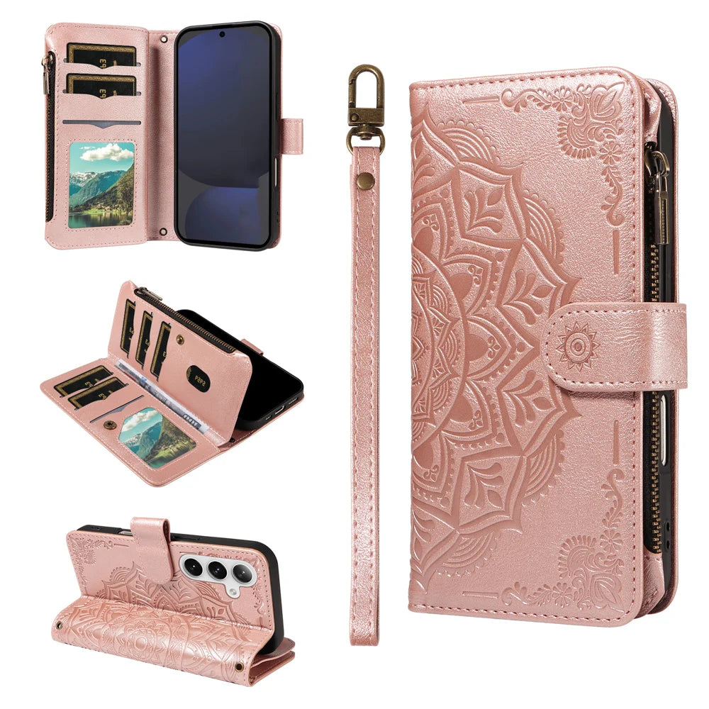 For Samsung Galaxy S24 FE Wallet Case 9 Card Slots RFID Blocking Mandala Embossed Leather Flip Cover with Wrist Strap - Rose Gold - 3