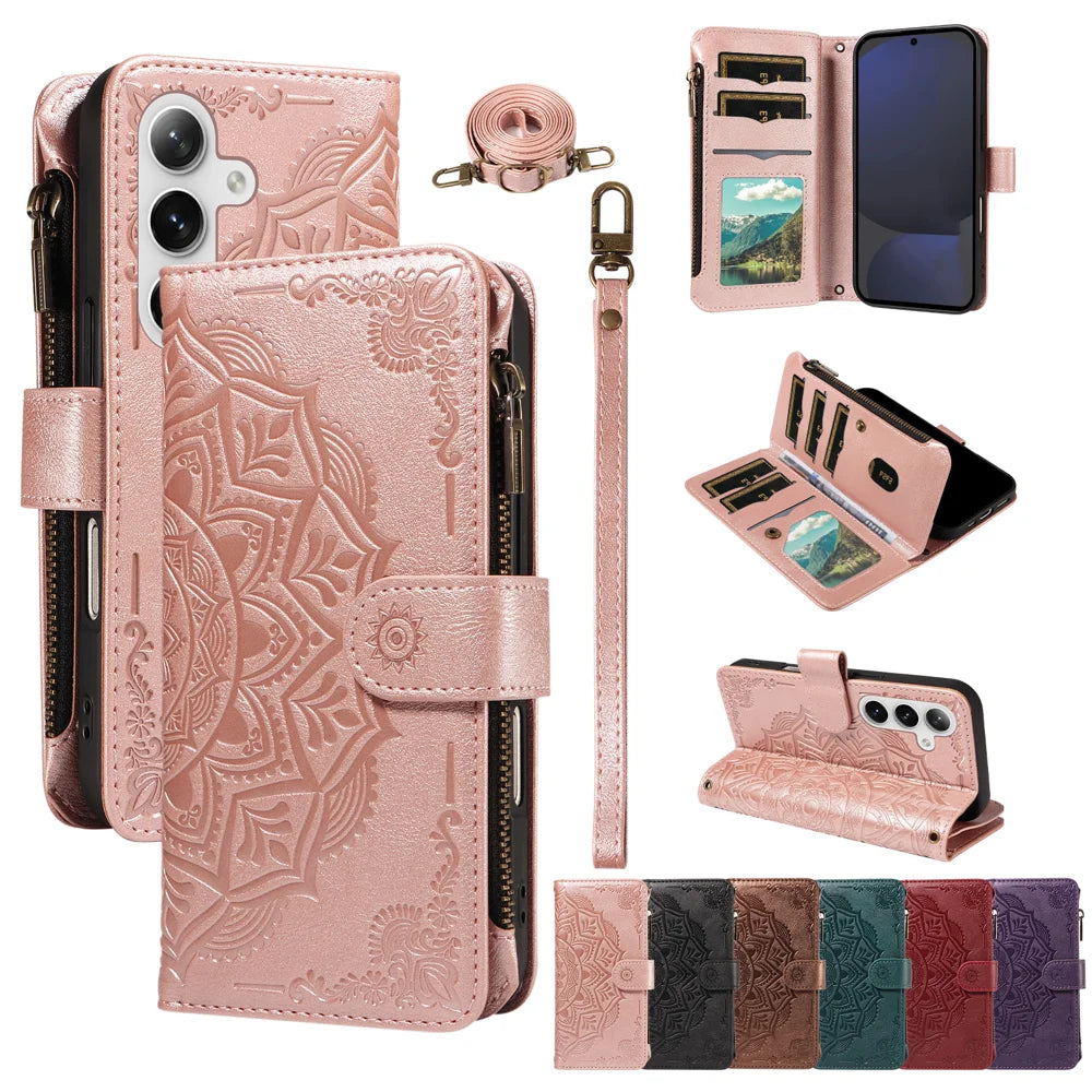 For Samsung Galaxy S24 FE Wallet Case 9 Card Slots RFID Blocking Mandala Embossed Leather Flip Cover with Wrist Strap - Rose Gold - 4