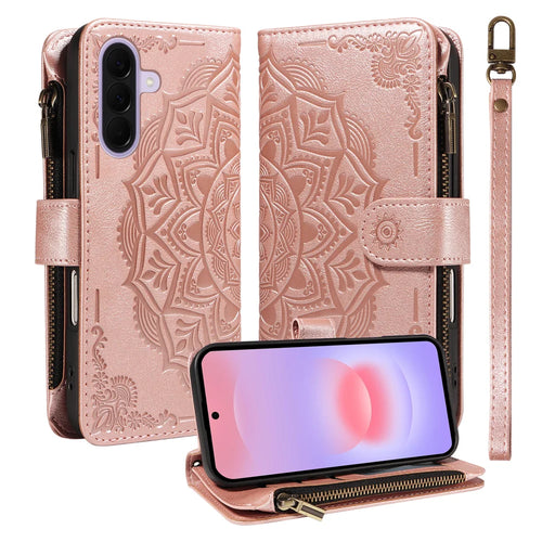 For Samsung Galaxy A27 5G Wallet Case 9 Card Slots RFID Blocking Mandala Embossed Leather Flip Cover with Wrist Strap - Rose Gold - 1