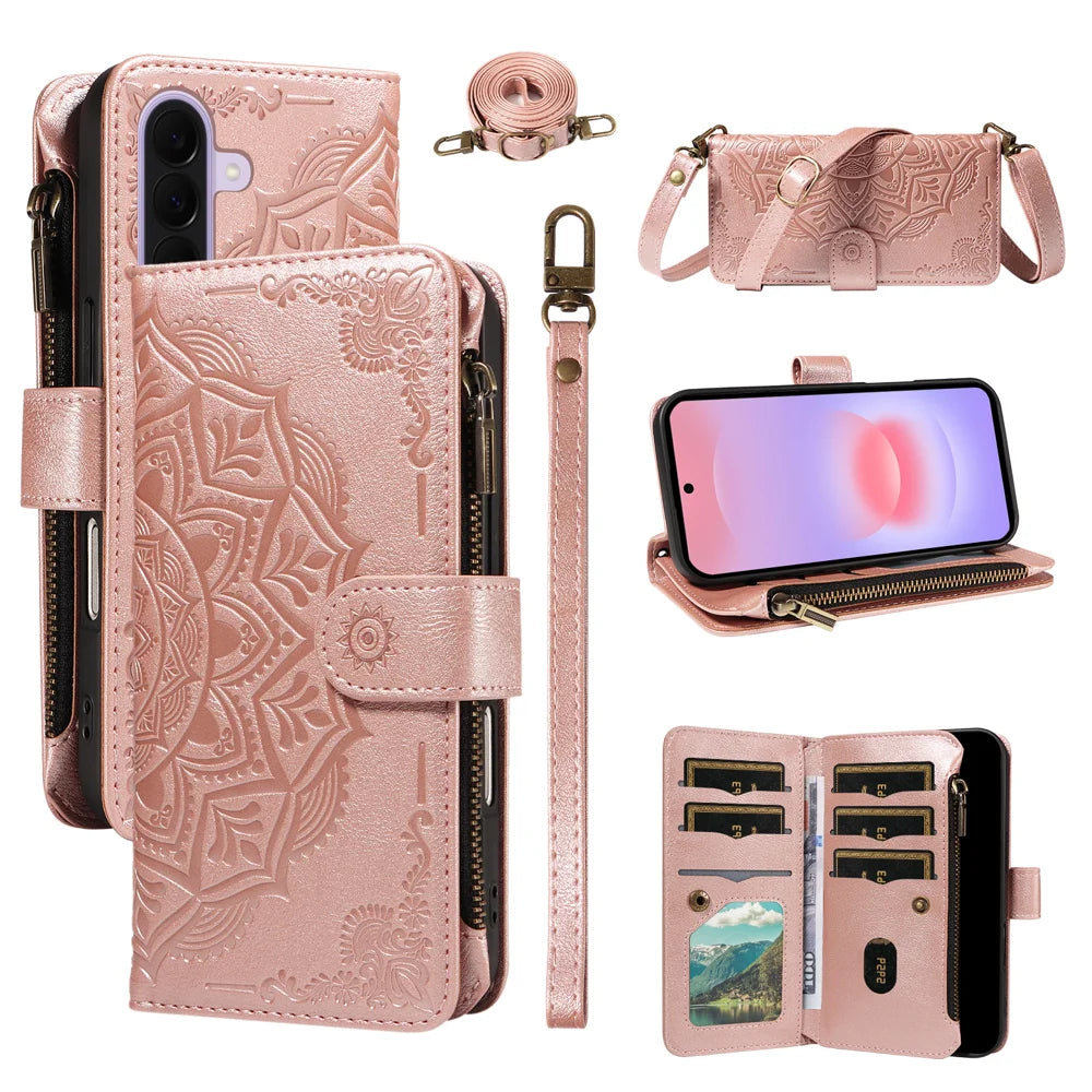 For Samsung Galaxy A27 5G Wallet Case 9 Card Slots RFID Blocking Mandala Embossed Leather Flip Cover with Wrist Strap - Rose Gold - 2
