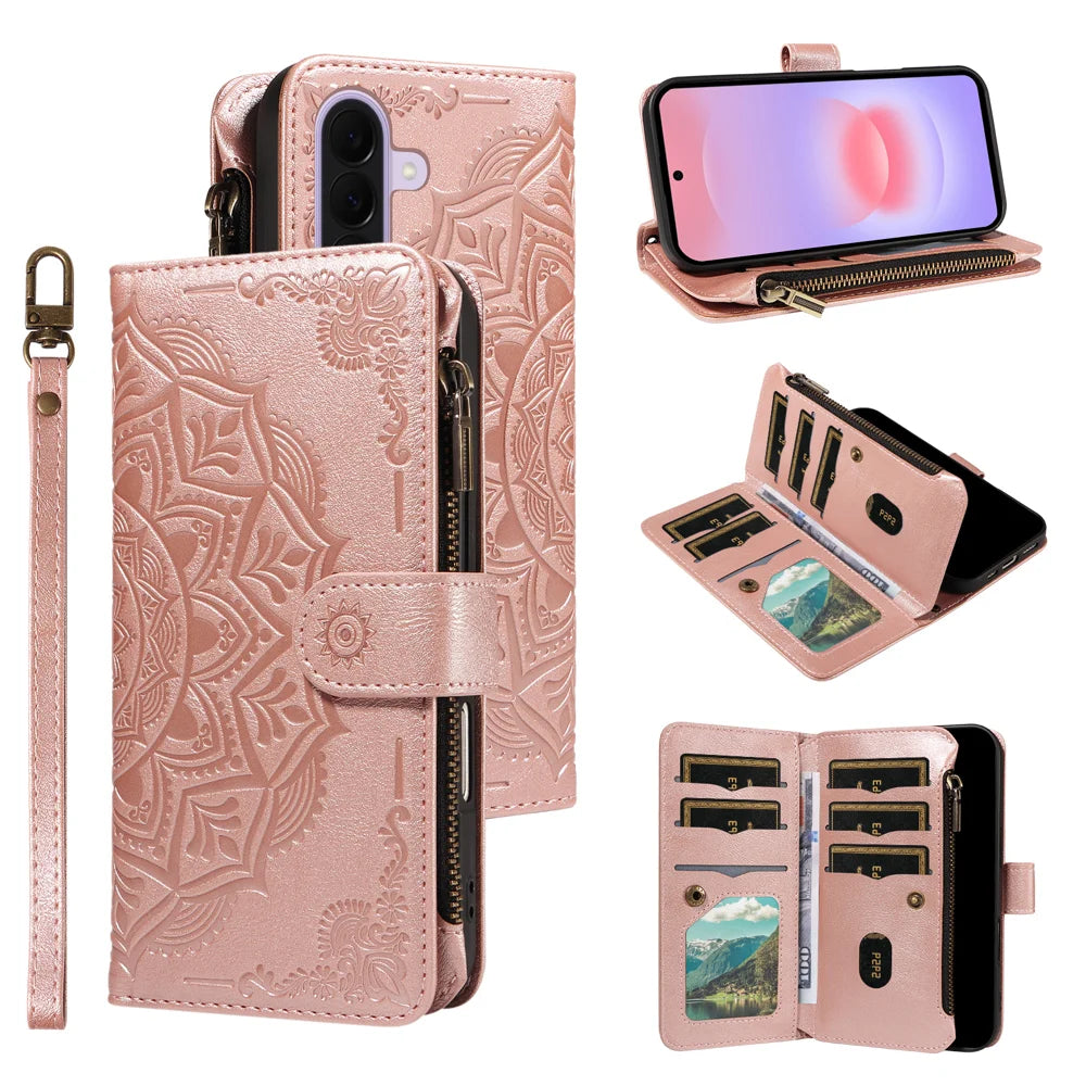 For Samsung Galaxy A27 5G Wallet Case 9 Card Slots RFID Blocking Mandala Embossed Leather Flip Cover with Wrist Strap - Rose Gold - 3
