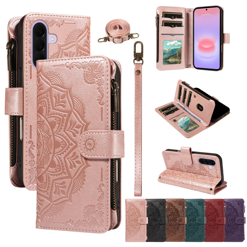 For Samsung Galaxy A27 5G Wallet Case 9 Card Slots RFID Blocking Mandala Embossed Leather Flip Cover with Wrist Strap - Rose Gold - 4