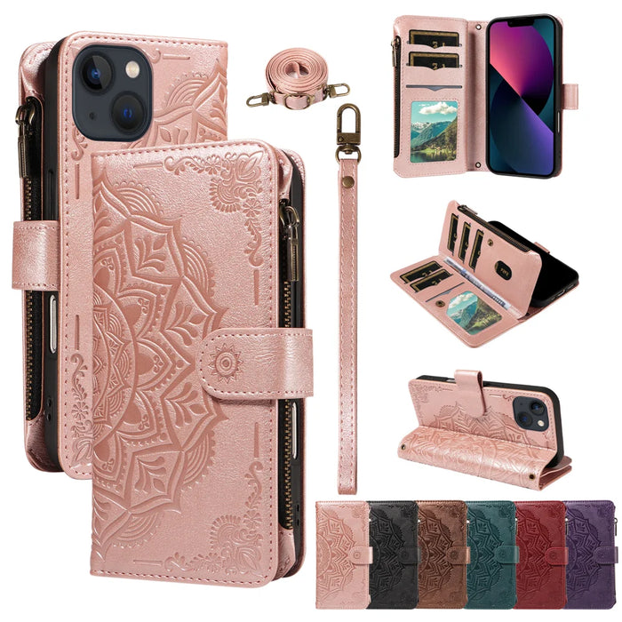 For iPhone 13 Wallet Case 9 Card Slots RFID Blocking Mandala Embossed Leather Flip Cover with Wrist Strap - Rose Gold - 4