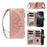 For iPhone 13 Wallet Case 9 Card Slots RFID Blocking Mandala Embossed Leather Flip Cover with Wrist Strap - Rose Gold - 5
