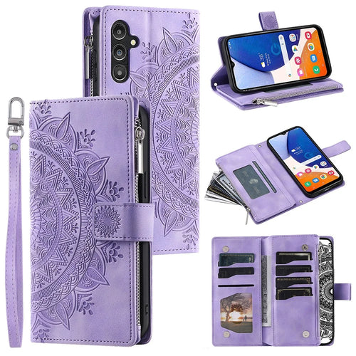 For Samsung Galaxy A14 5G / A14 4G PU Leather Case Mandala Flower Imprinted Multiple Card Slots Wallet Stand Flip Cover with Strap - Purple - 1