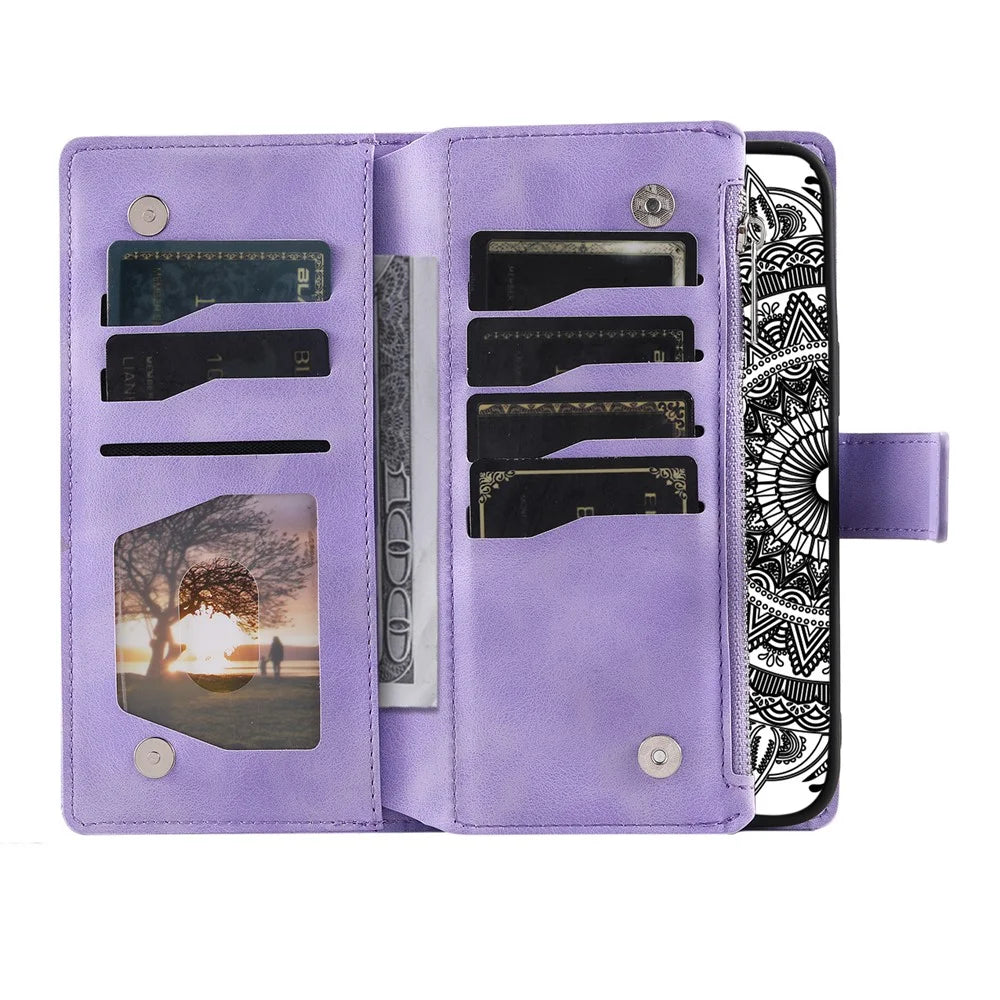 For Samsung Galaxy A14 5G / A14 4G PU Leather Case Mandala Flower Imprinted Multiple Card Slots Wallet Stand Flip Cover with Strap - Purple - 2