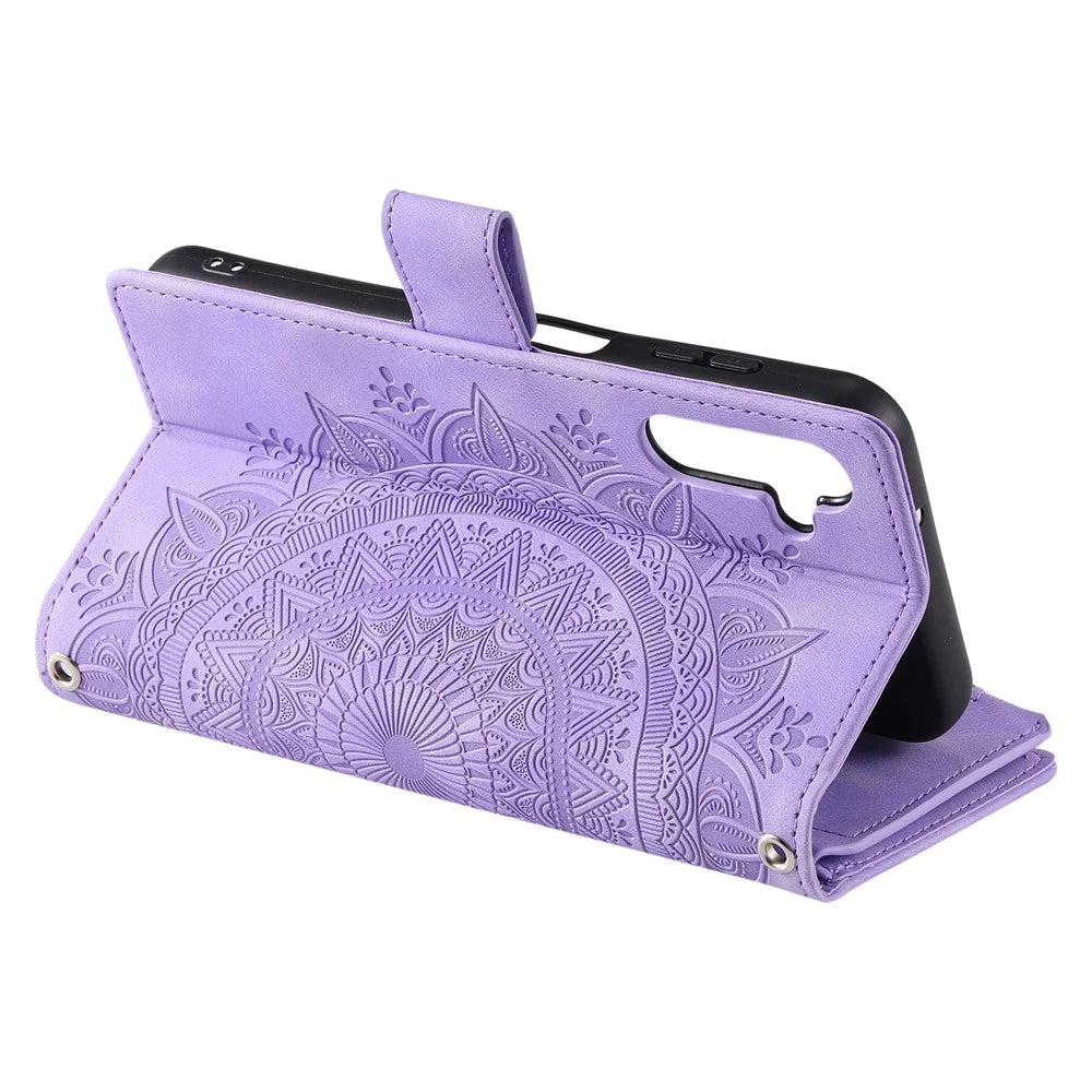 For Samsung Galaxy A14 5G / A14 4G PU Leather Case Mandala Flower Imprinted Multiple Card Slots Wallet Stand Flip Cover with Strap - Purple - 3