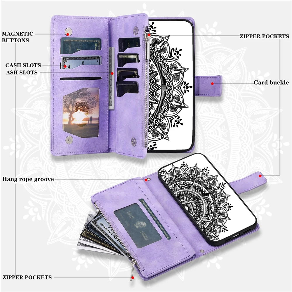 For Samsung Galaxy A14 5G / A14 4G PU Leather Case Mandala Flower Imprinted Multiple Card Slots Wallet Stand Flip Cover with Strap - Purple - 5