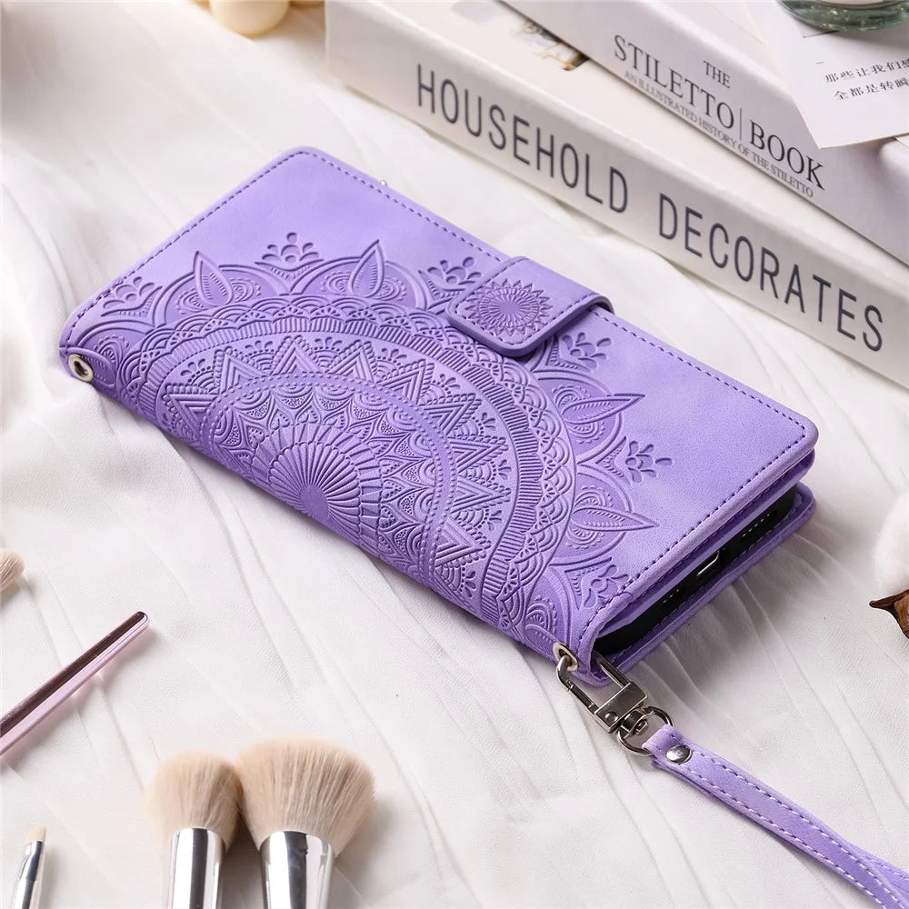 For Samsung Galaxy A14 5G / A14 4G PU Leather Case Mandala Flower Imprinted Multiple Card Slots Wallet Stand Flip Cover with Strap - Purple - 6