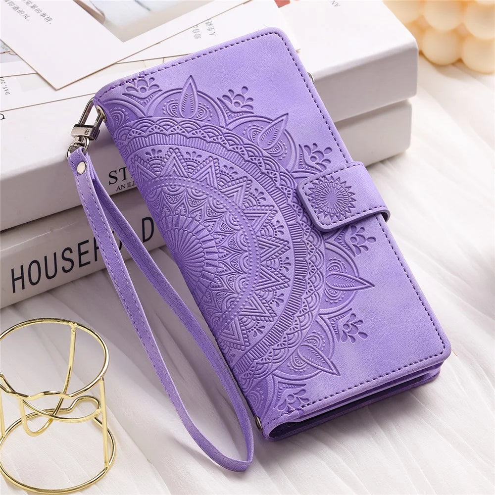 For Samsung Galaxy A14 5G / A14 4G PU Leather Case Mandala Flower Imprinted Multiple Card Slots Wallet Stand Flip Cover with Strap - Purple - 7