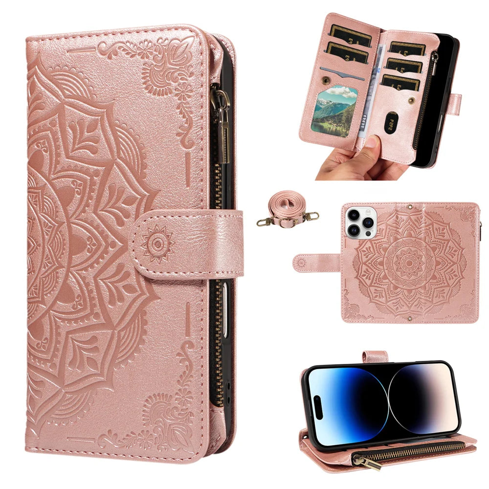 For iPhone 14 Pro Max Wallet Case 9 Card Slots RFID Blocking Mandala Embossed Leather Flip Cover with Wrist Strap - Rose Gold - 2