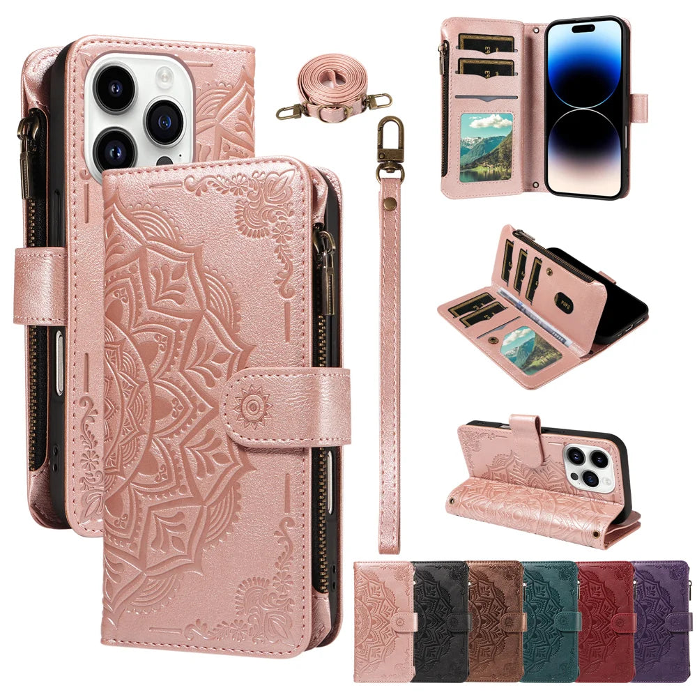 For iPhone 14 Pro Max Wallet Case 9 Card Slots RFID Blocking Mandala Embossed Leather Flip Cover with Wrist Strap - Rose Gold - 4