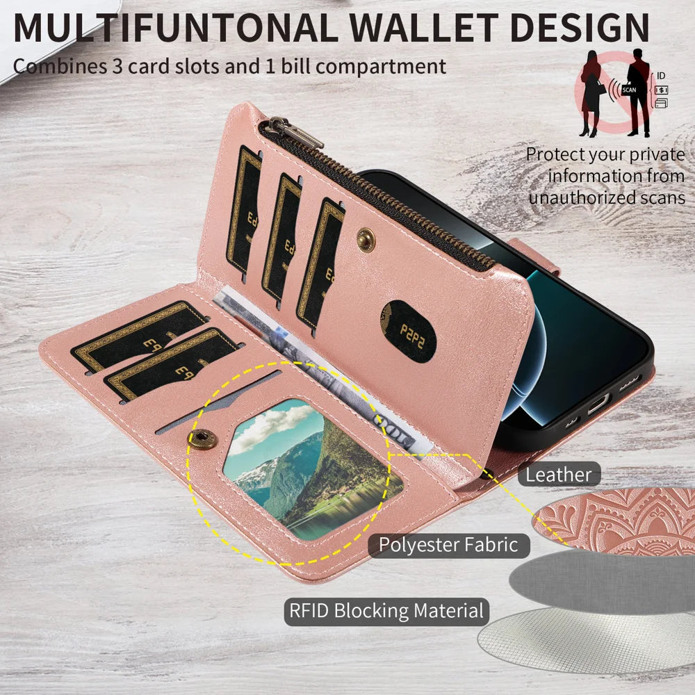 For iPhone 14 Pro Max Wallet Case 9 Card Slots RFID Blocking Mandala Embossed Leather Flip Cover with Wrist Strap - Rose Gold - 7