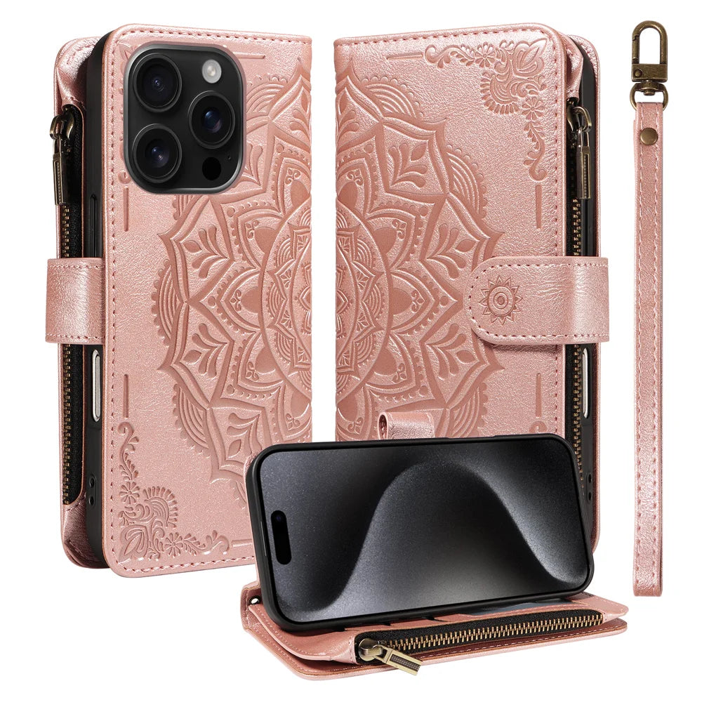 For iPhone 15 Pro Wallet Case 9 Card Slots RFID Blocking Mandala Embossed Leather Flip Cover with Wrist Strap - Rose Gold - 1