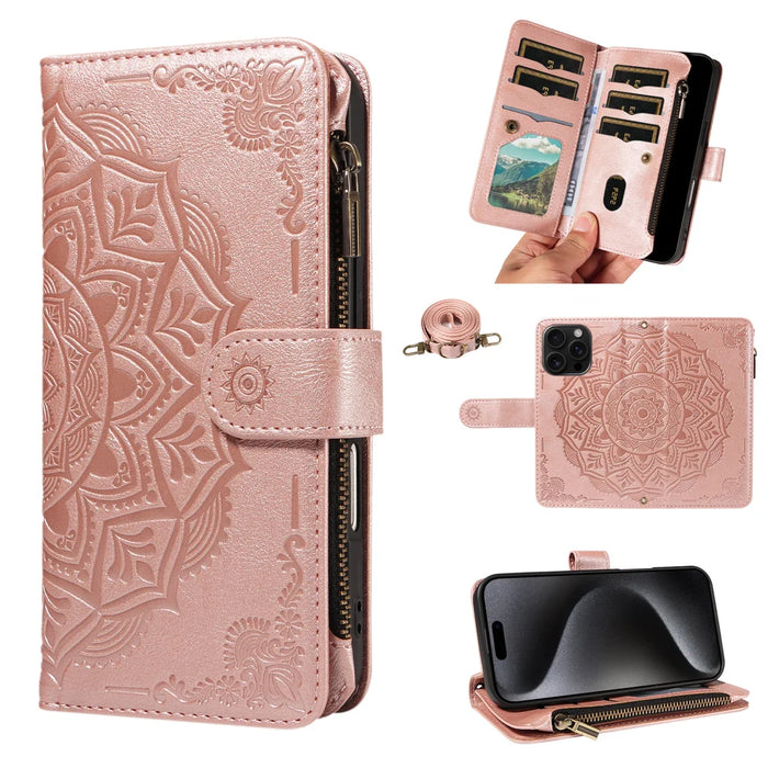 For iPhone 15 Pro Wallet Case 9 Card Slots RFID Blocking Mandala Embossed Leather Flip Cover with Wrist Strap - Rose Gold - 2