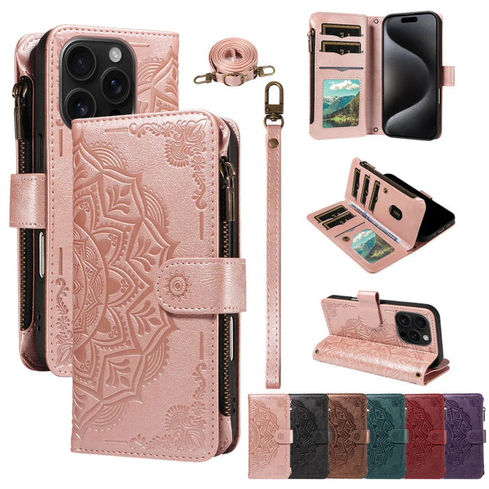 For iPhone 15 Pro Wallet Case 9 Card Slots RFID Blocking Mandala Embossed Leather Flip Cover with Wrist Strap - Rose Gold - 4