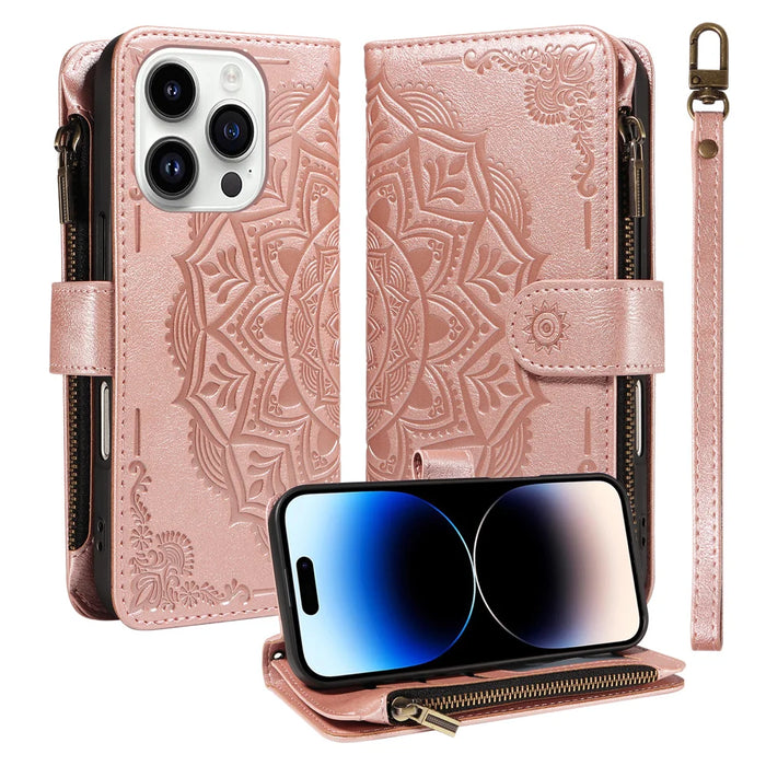 For iPhone 14 Pro Wallet Case 9 Card Slots RFID Blocking Mandala Embossed Leather Flip Cover with Wrist Strap - Rose Gold - 1