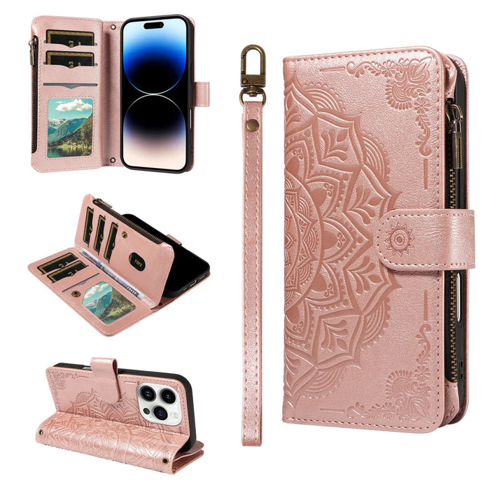 For iPhone 14 Pro Wallet Case 9 Card Slots RFID Blocking Mandala Embossed Leather Flip Cover with Wrist Strap - Rose Gold - 3