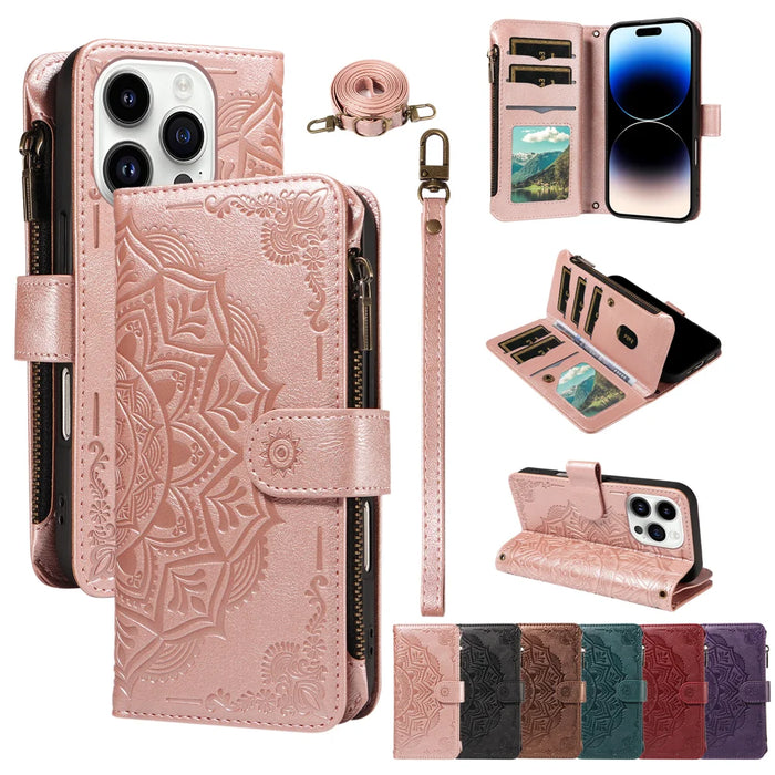 For iPhone 14 Pro Wallet Case 9 Card Slots RFID Blocking Mandala Embossed Leather Flip Cover with Wrist Strap - Rose Gold - 4